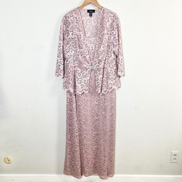 R&M Richards Dresses & Skirts - R&M Richards Dress Jacket Set Formal Gown Size 14W Mauve Pink Glitter Lace